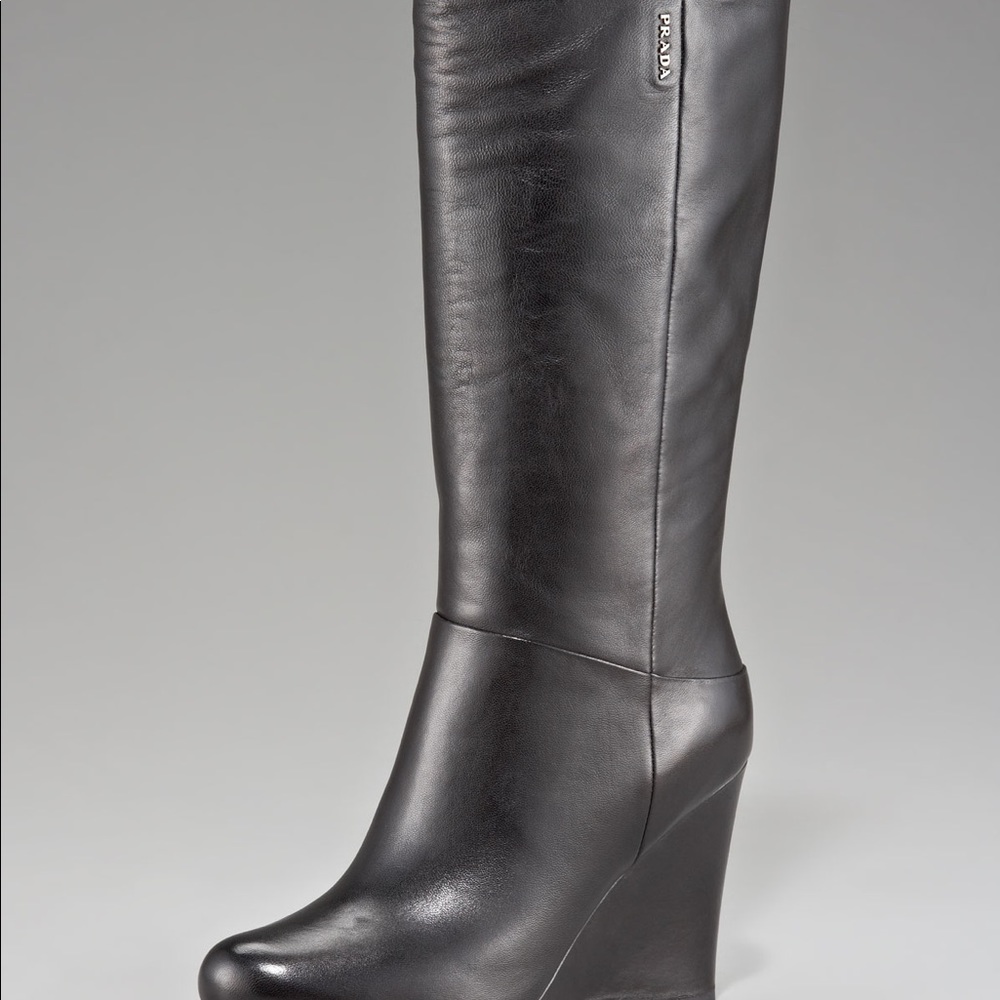 PRADA Black Leather Mid-calf Wedge Boot